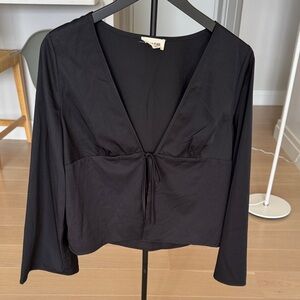 Open Edit Black Long Sleeve V-Neck Top with a tie